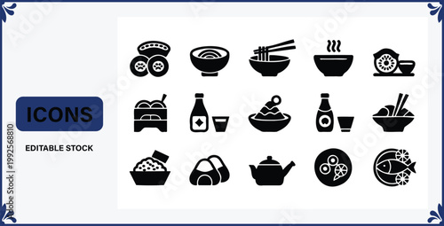 Collection of various sushi and food icons in black on white background