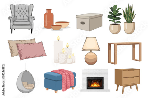 Living Room Furniture Icons, Home Decor Elements, Interior Design Objects, Vector Illustrations