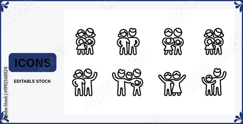 Editable line icons of people in different social and family relationships