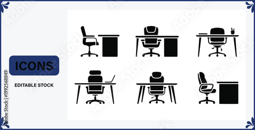 Office furniture icons set with desks and chairs in various positions and arrangements