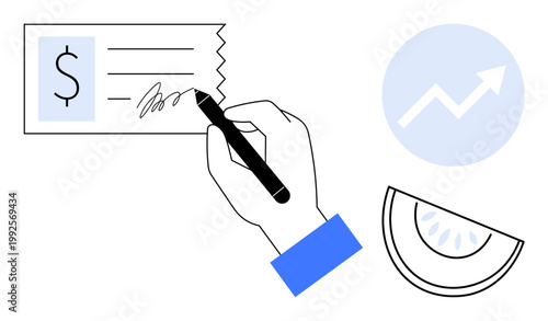 Financial transactions, banking, investments, growth, contracts, money management. Hand signing a check, growth arrow and symbolic item. Financial transactions and banking concept