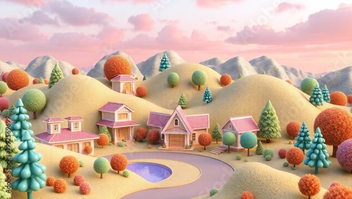 Whimsical 3d cartoon village with colorful houses and rolling hills