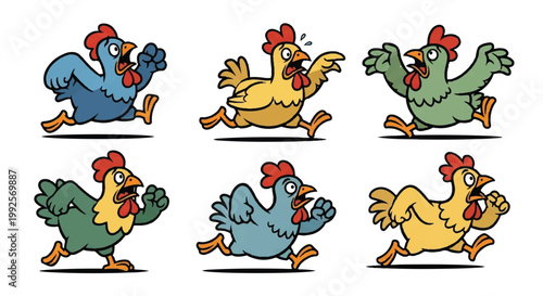 Cartoon chickens running fast isolated on white background vector illustration