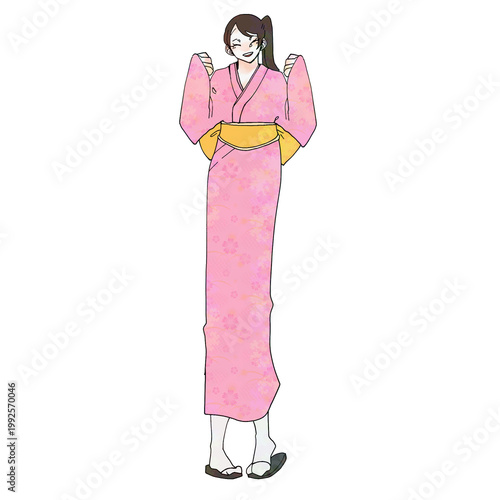 Anime woman in pink floral kimono with yellow obi