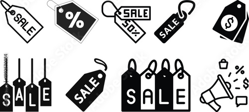 Collection of diverse shopping and product tag icons representing retail and commerce.Collection of nine black and white icons representing various e-commerce and financial concepts  online shopping