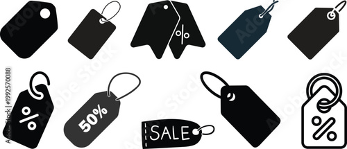 Collection of diverse shopping and product tag icons representing retail and commerce.Collection of nine black and white icons representing various e-commerce and financial concepts  online shopping