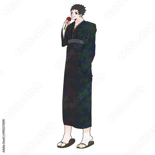 Anime singer in yukata holding microphone on black background