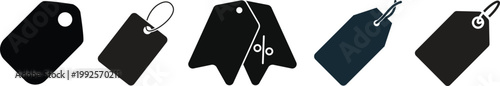 Collection of diverse shopping and product tag icons representing retail and commerce.Collection of nine black and white icons representing various e-commerce and financial concepts  online shopping
