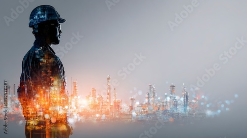 Industrial Visionary: A lone engineer, silhouetted against a smoky, industrial backdrop, gazes towards a city skyline illuminated by vibrant lights, symbolizing progress and innovation.
