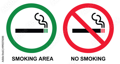 No smoking area and smoking area sign printable collection, red, green, and black color variants, smoking and non-smoking symbols, clean flat vector design