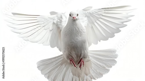 White Dove Flying with Wings Spread Isolated on White Background