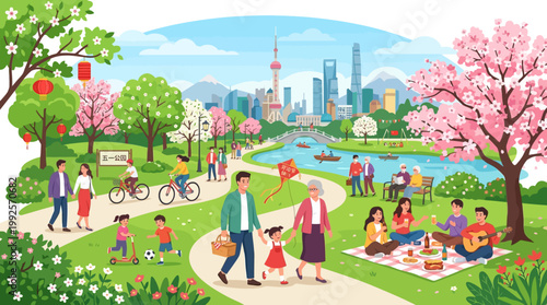 People enjoying a vibrant spring day in a scenic park with blooming trees, picnicking families, and city skyline in the background