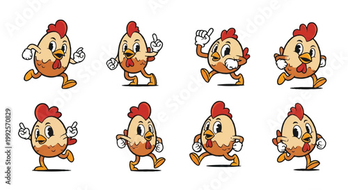 Cartoon chicken characters in various poses on white background