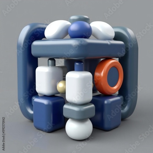 Abstract 3d geometric toy with blue white and orange shapes