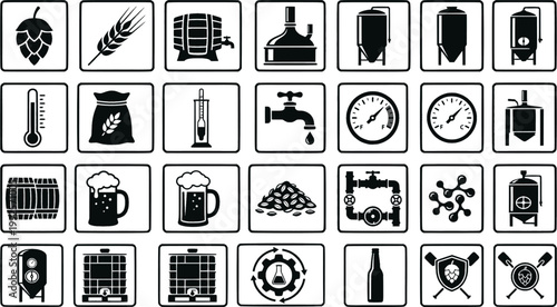Set of beer brewing process icons in a vintage black and white engraving style showing hops, wheat, barrel, fermentation tank, and a mug of ale for a craft brewery