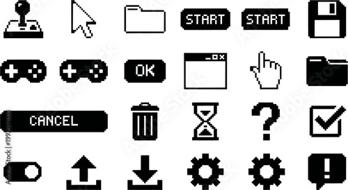 Set of pixel art user interface icons in a retro 8-bit computer style, featuring a cursor, folder, floppy disk, and joystick for a vintage gaming or old OS concept