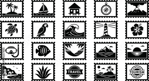 Collection of black and white postage stamps with tropical island travel themes in a vintage engraved style, featuring a volcano, turtle, parrot, and surfer