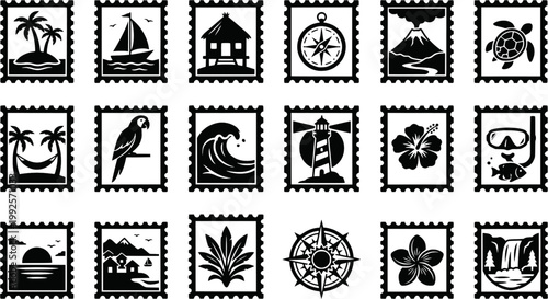 Collection of black and white postage stamps with tropical island travel themes in a vintage engraved style, featuring a volcano, turtle, parrot, and surfer