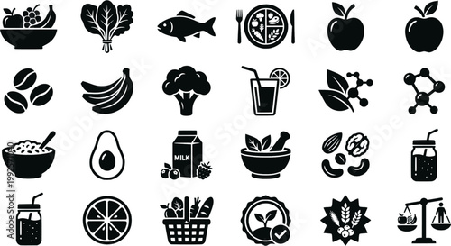 Collection of healthy food icons in a solid black glyph style representing nutrition, diet, and wellness, including fruit, vegetables, fish, nuts, and grains for a balanced meal
