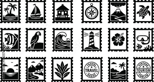 Collection of black and white postage stamps with tropical island travel themes in a vintage engraved style, featuring a volcano, turtle, parrot, and surfer