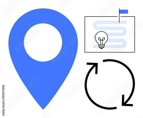 Location concept. Location marker combined with planning and process icons to showcase navigation, strategy creation, and iterative workflows. For business, travel, logistics, productivity