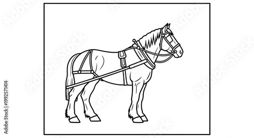 Draft Horse Harness, Black and White Line Drawing, Side View
