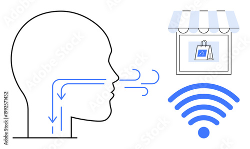 Health awareness, online connectivity, e-commerce, communication, wireless technology, retail. Minimalist ion of airflow in a human head, shopping bag and wireless symbol. Health awareness