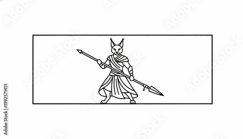 Egyptian Cat God Bastet Warrior Holding Spear, Ancient Egypt Mythology