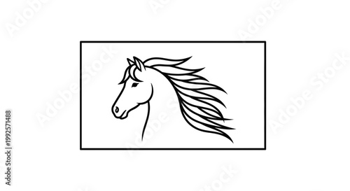 Elegant Horse Head Silhouette, Dynamic Mane, Black and White Line Art