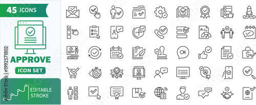 Approve outline icons set . Collection of check, and validation line icons representing agreement, verification, and more. 