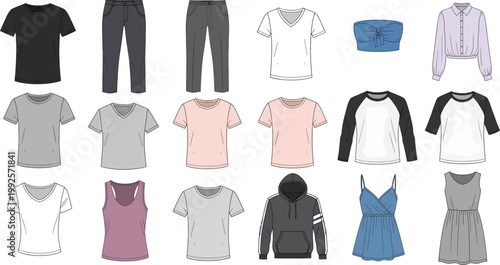Set of casual wear clothing technical sketches