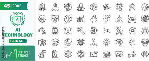 Set of ai line icons illustrating robotics, data science, and advanced computing processes