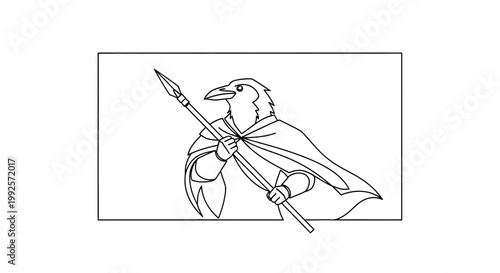Warrior Raven Holding Spear, Fantasy Bird Character with Cape, Mythological Creature