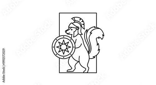 Warrior Skunk Character with Shield and Helmet, Line Art Illustration