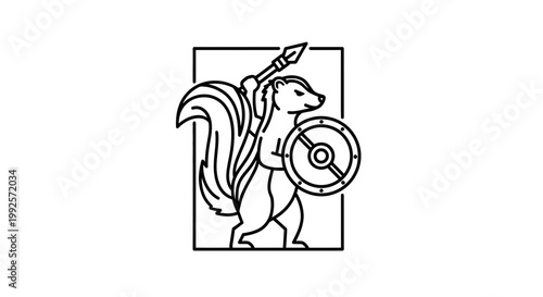 Warrior Skunk with Spear and Shield, Stylized Line Art, Emblematic Animal