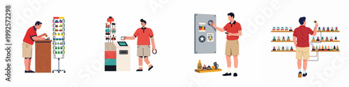 Konstfotografi Flat vector illustration set of a young man browsing and purchasing various souvenirs and mementos in a gift shop while traveling