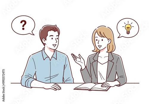 Man asking questions and woman sharing ideas
