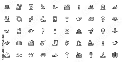 Farm icon set. Vector illustration of farming tools, animals, crops and equipment. Includes farmer, tractor, barn, chicken, cow, pig, sheep, harvest, wheat, corn, eggs, milk and more.