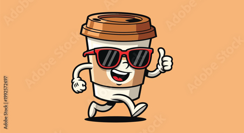Cool coffee cup mascot vector, cartoon takeaway coffee character, funny espresso cup icon