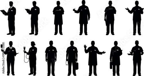 Collection of medical professional silhouettes including doctors and nurses in various poses with equipment for healthcare clinic and hospital designs.