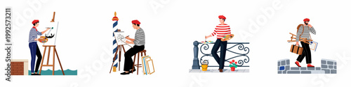 Foto Set of flat vector illustrations featuring a French artist character in various activities like painting, sketching, and walking with art equipment