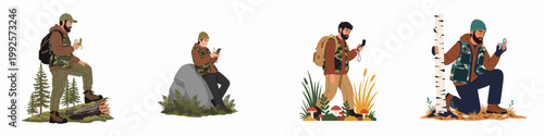 Set of flat vector illustrations featuring a male hiker navigating through a forest using a compass in various outdoor scenes.