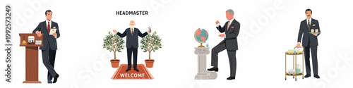 Set of professional male figures in formal attire including a headmaster, administrator, educator, and hospitality staff in an elegant flat illustration style.