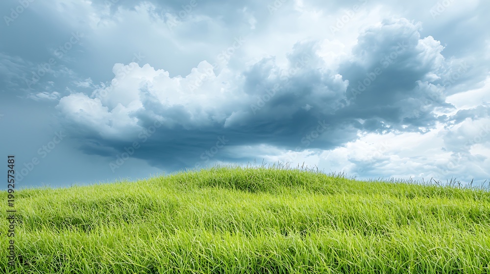 Obraz premium Lush Green Grass Under Dramatic Clouds Before Stormy Weather in Nature Landscape