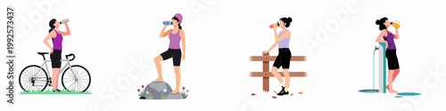 Set of flat vector illustrations featuring women staying hydrated while engaging in outdoor activities like cycling, hiking, and walking.