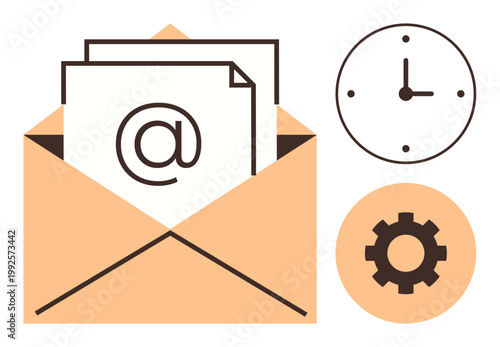 Communication, email, productivity, time management, business, digital workflow. An envelope with an email symbol, clock and gear icon. Communication and email concept