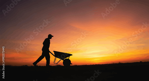 Silhouette of farmer pushing wheelbarrow at sunset, agricultural worker in field vector