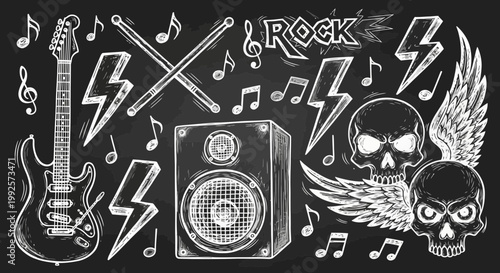Rock music symbols with guitar, skulls and speaker on black background