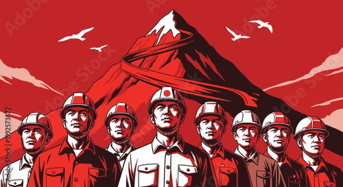 Propaganda style construction workers, industrial labor team, red mountain peak vector art