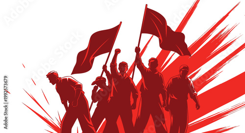 Revolutionary propaganda poster vector, red protest flags, heroic people silhouettes
